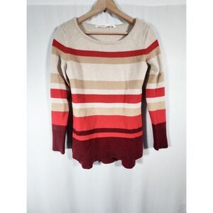 Athleta Lodge Stripe 100% Cashmere Sweater Beige Red Ivory Pullover Women Sz S‎
